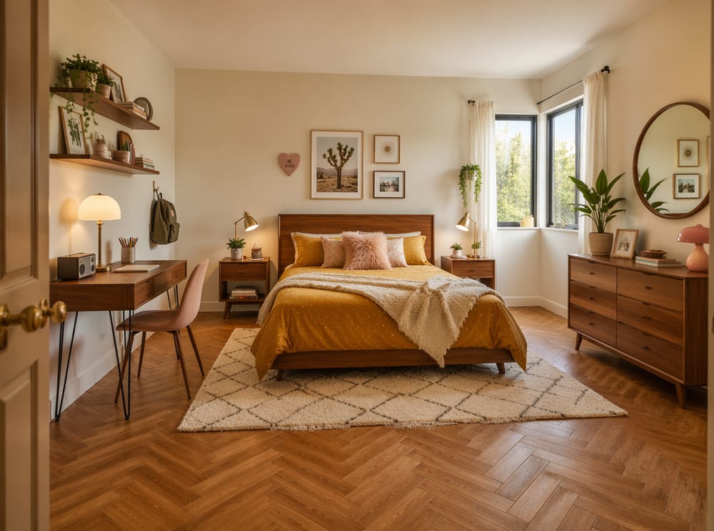 Orzechowy zagłówek w stylu mid-century z musztardową pościelą