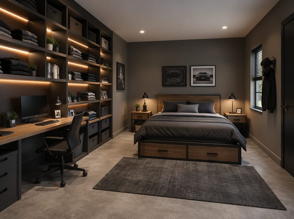 Parete con scaffalature modulari e piano scrivania integrato