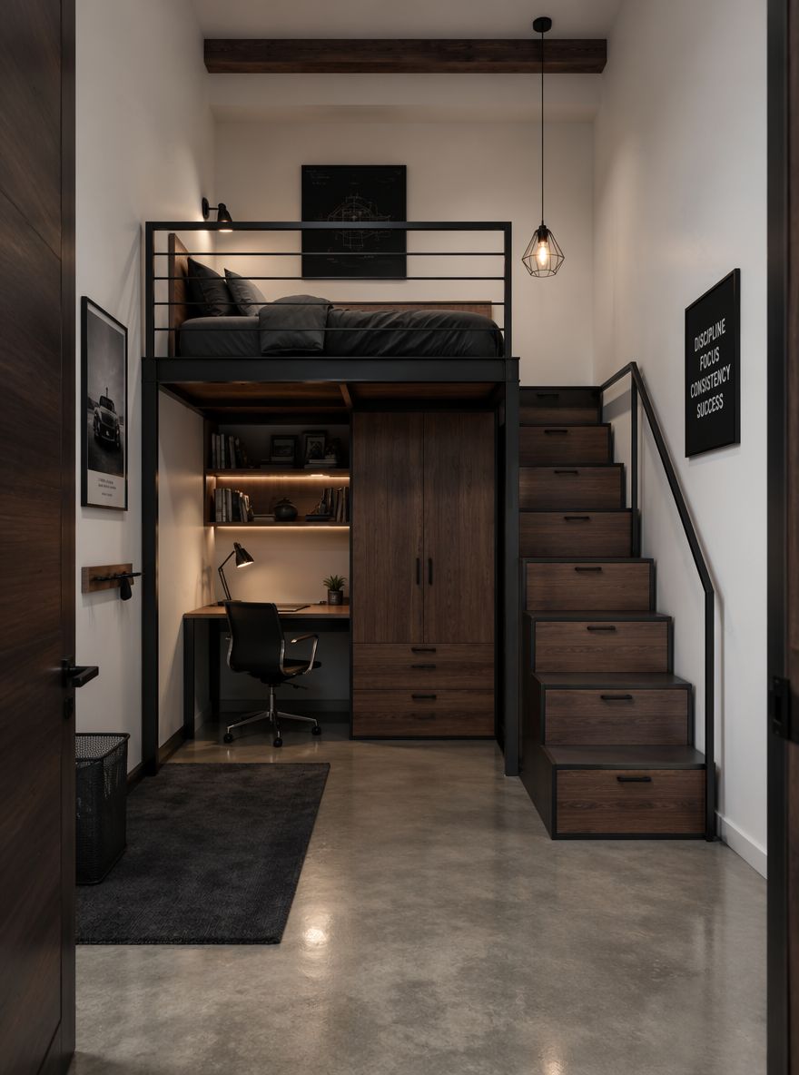 Letto a soppalco con scala contenitore a cassetti sottostanti