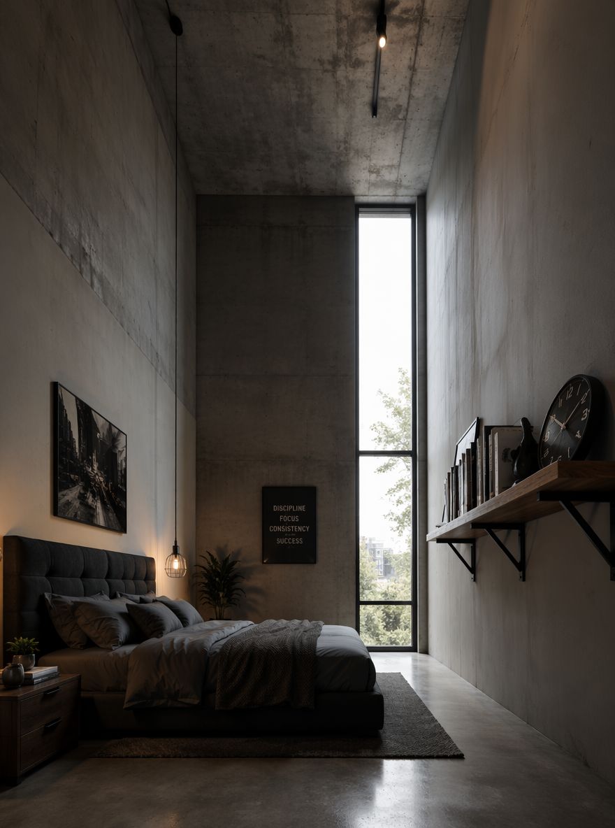 Soffitto in cemento a vista con lampada a sospensione a filo