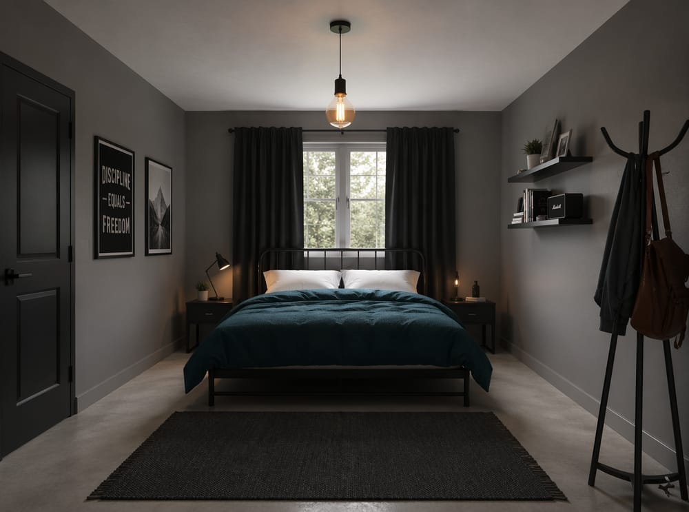 Biancheria da letto teal con tende oscuranti sopra la testiera