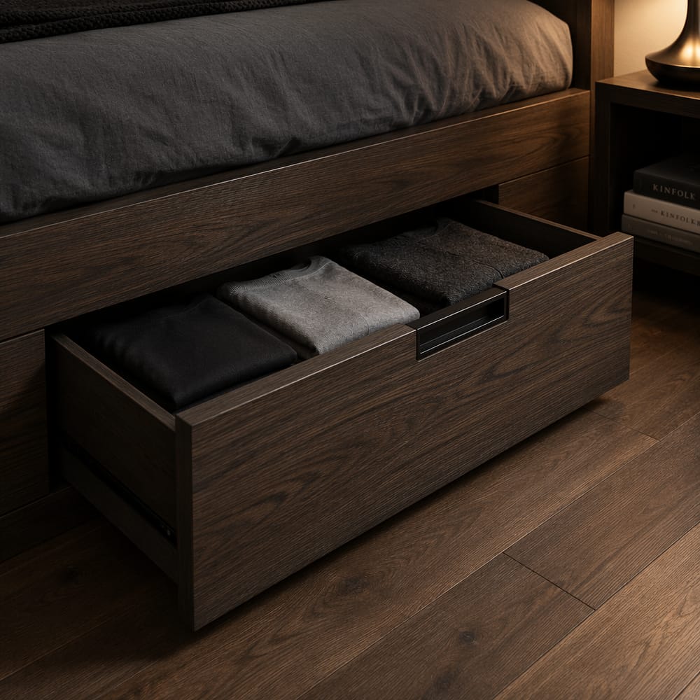 Cassetti contenitori sotto il letto in struttura di rovere affumicato