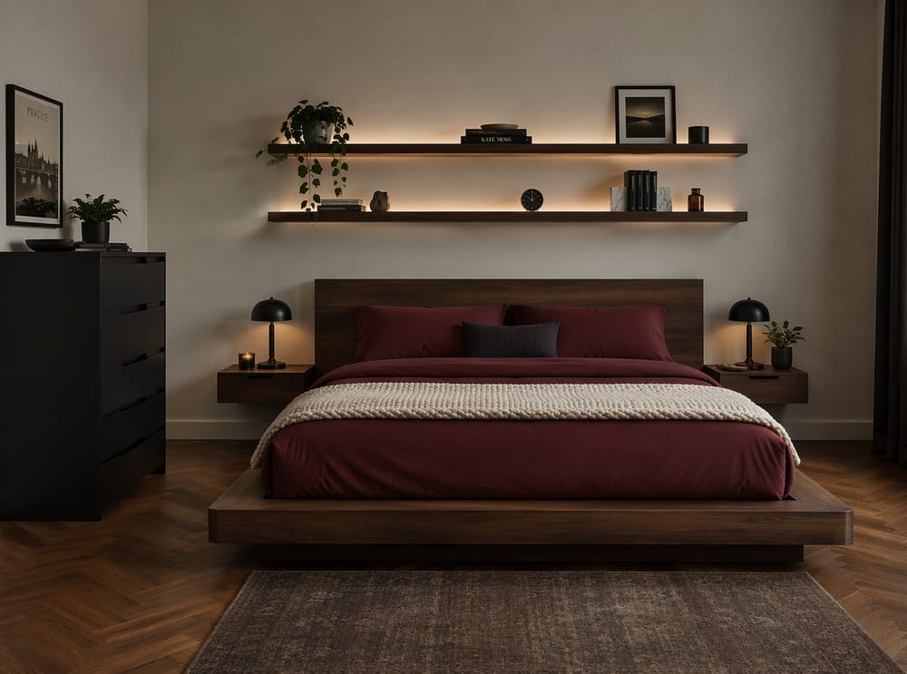 Letto a piattaforma in rovere affumicato con mensole sospese sopra la testiera