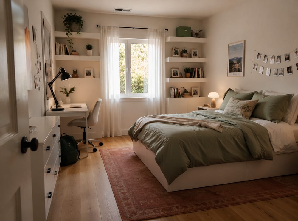 Platform bed anchored on longest wall, sage bedding