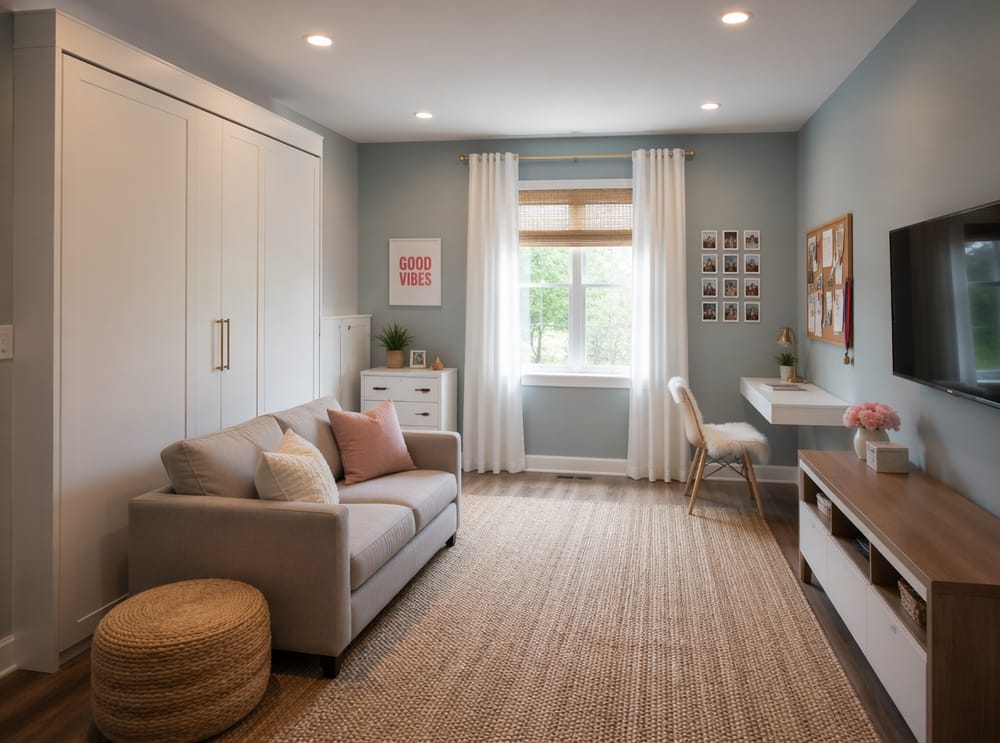 Murphy bed folded up, open floor space below