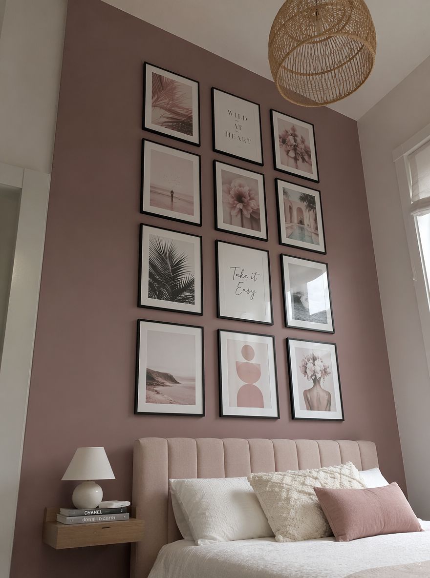 Tall gallery wall rising toward the ceiling