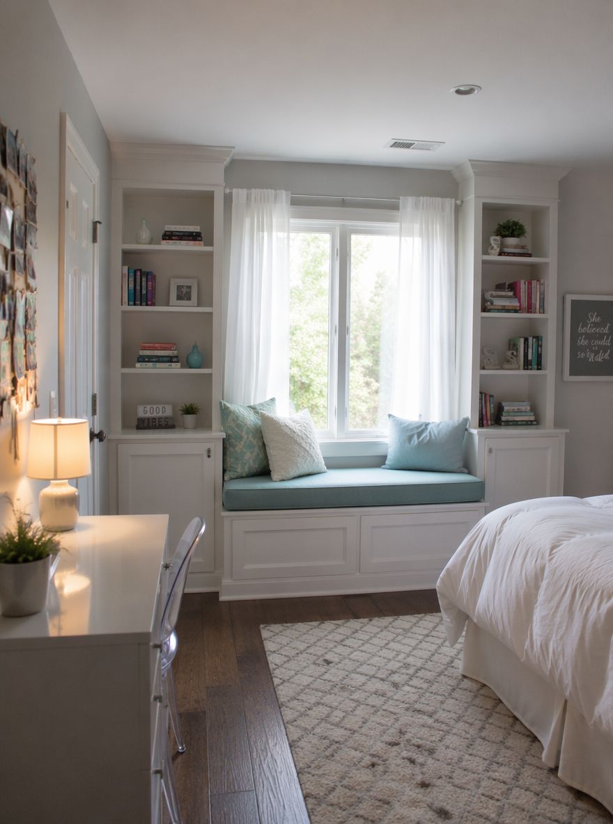 Built-in window seat with flanking open shelves