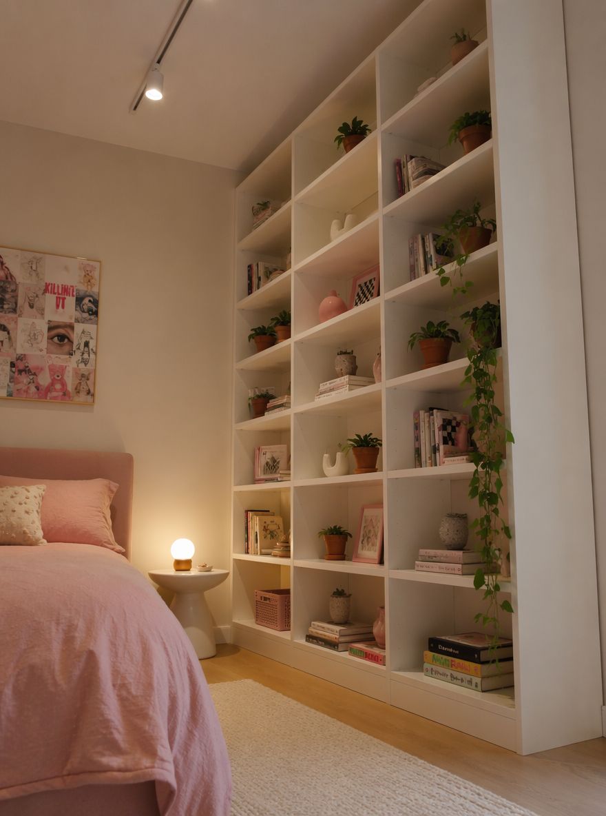 Tall modular shelving styled with plants and books