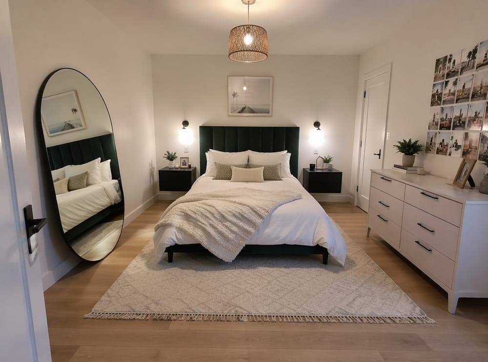 Forest green velvet headboard with matte black sconces