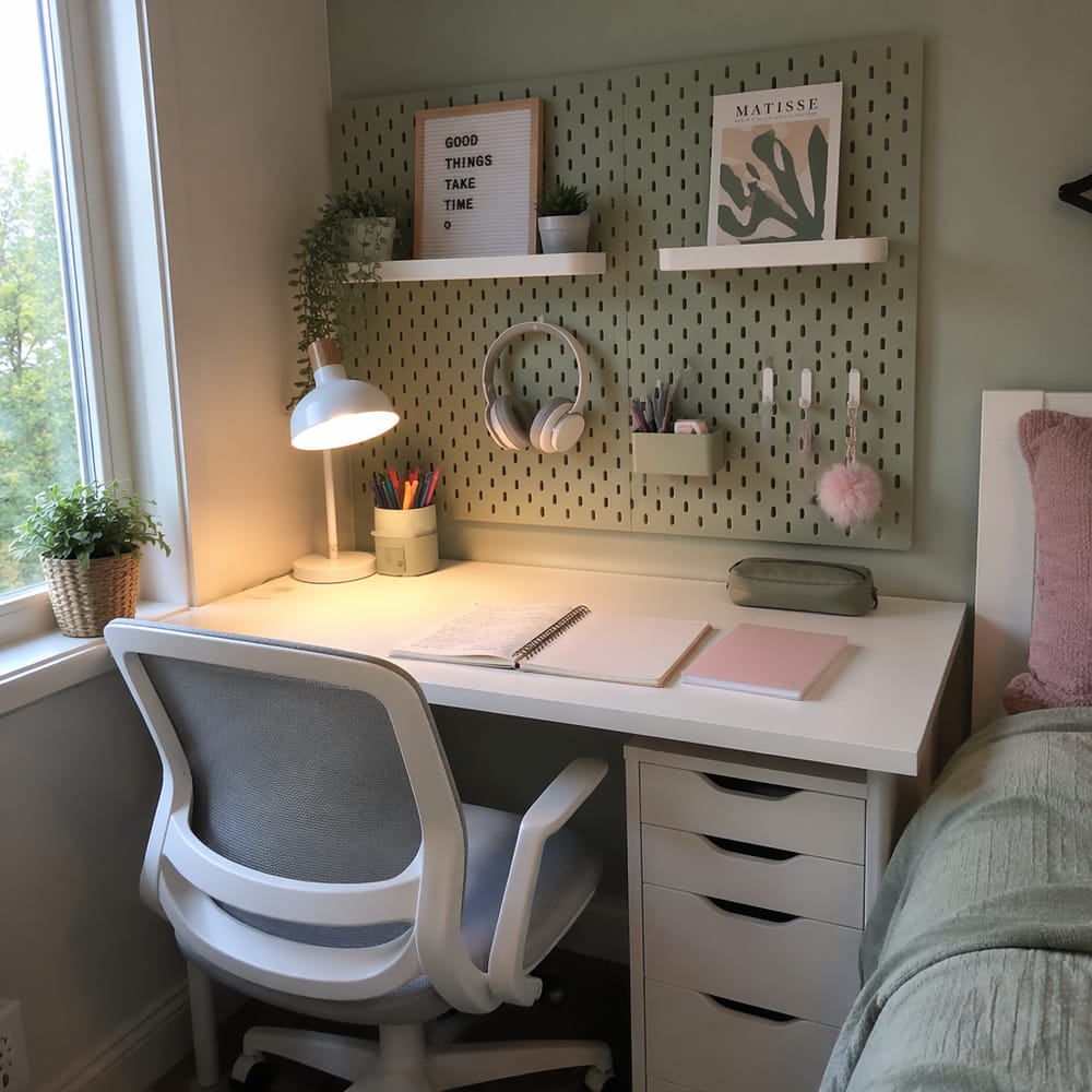 Pegboard desk corner with warm task light