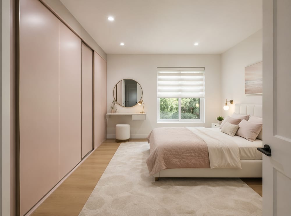 Blush sliding wardrobe spanning entire left wall