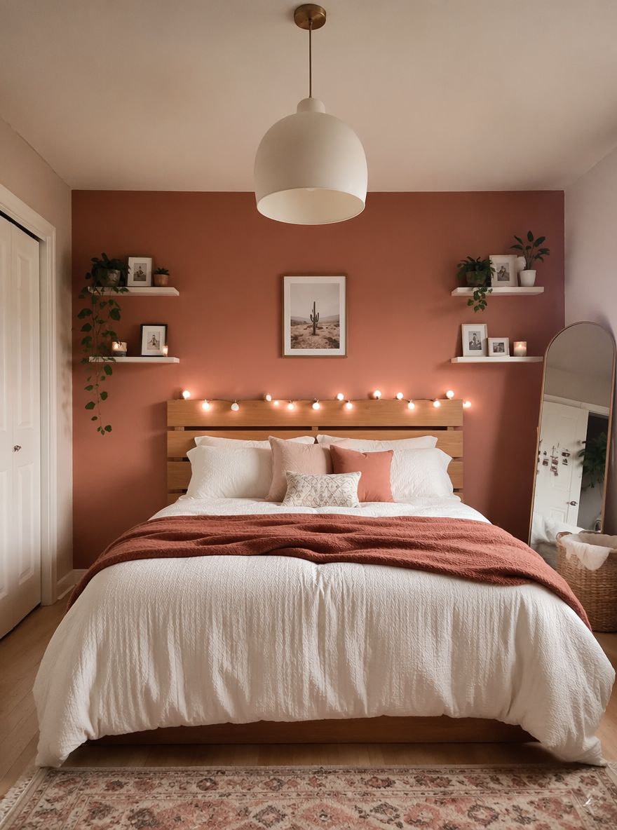 Slatted oak headboard against terracotta accent wall
