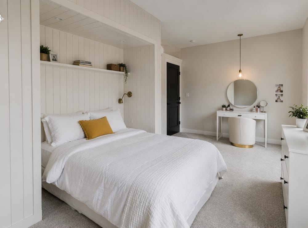 Bed tucked in built-in alcove, vanity opposite