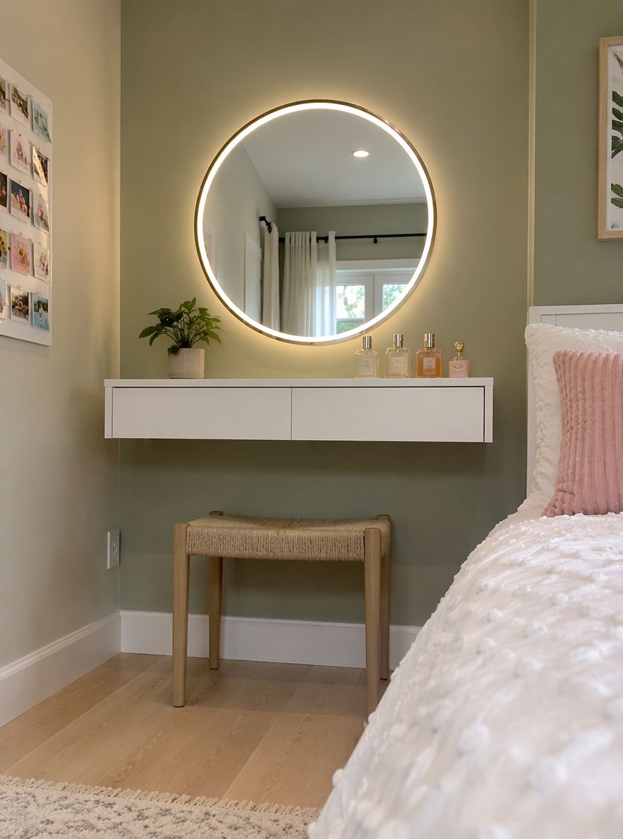Floating vanity with LED-edged round mirror