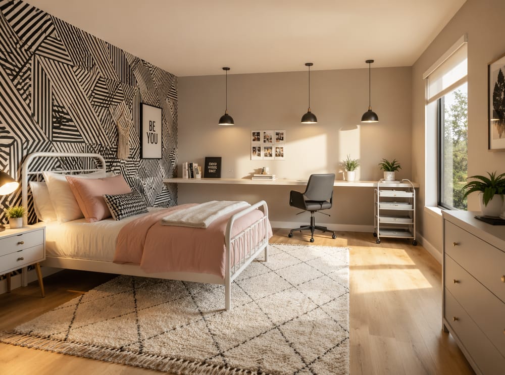 Geometric wallpaper panel behind white metal bed