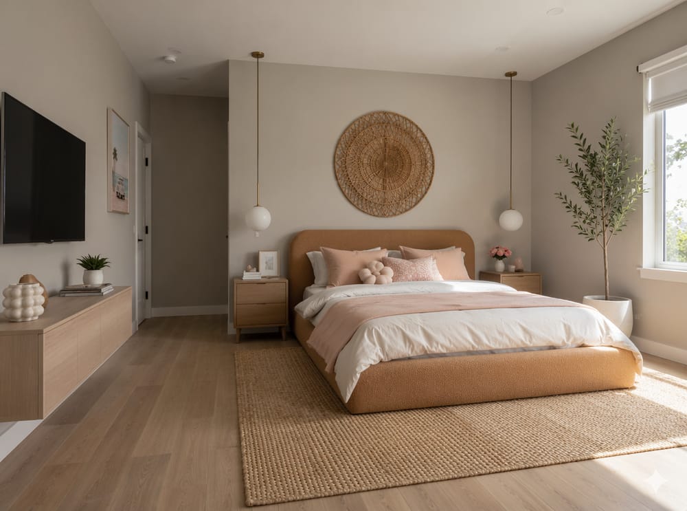 Caramel boucle headboard with symmetrical pendants