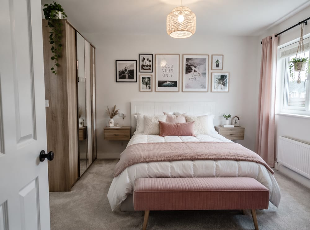 Asymmetric gallery wall above white panel headboard