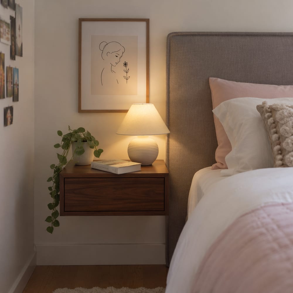 Floating walnut nightstand with ceramic lamp detail