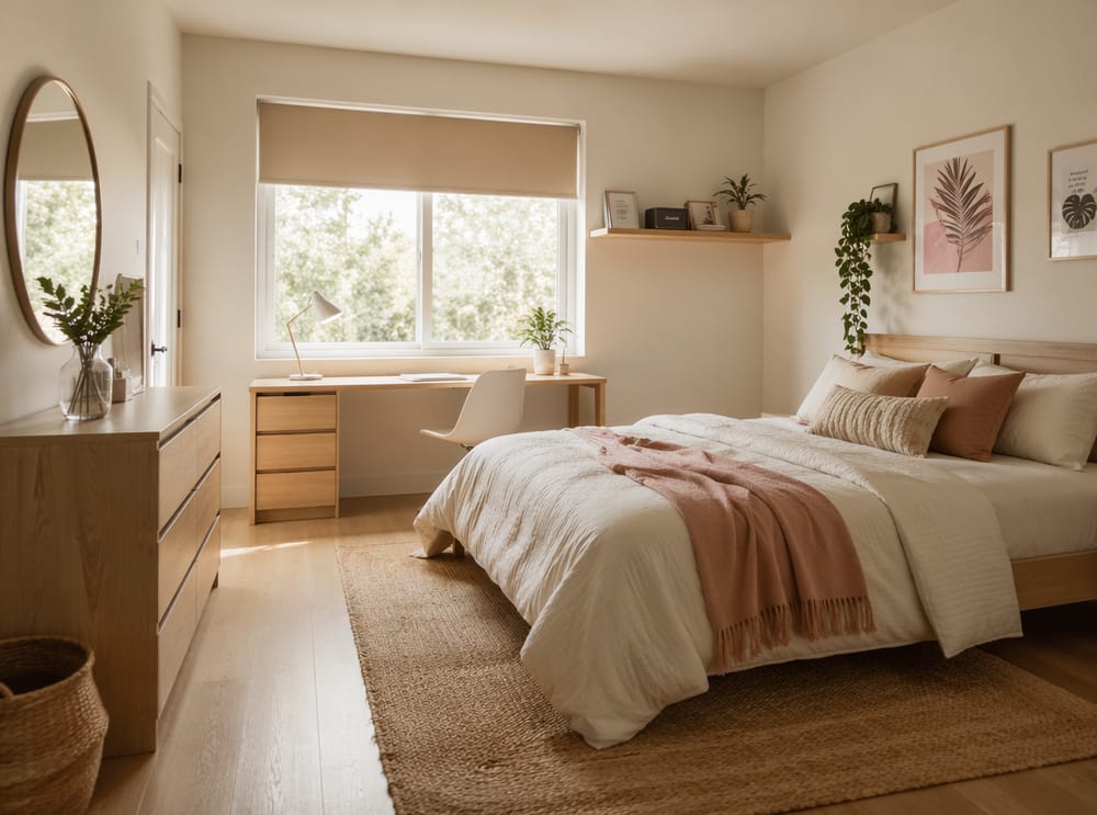 White oak slat headboard, organized desk by window