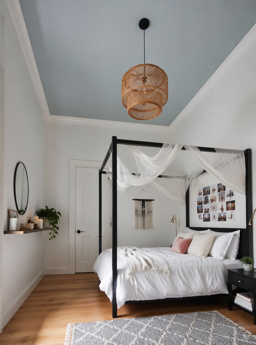 Matte black four-poster with sheer canopy drape
