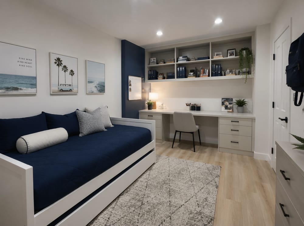 Navy daybed with trundle, built-in desk opposite