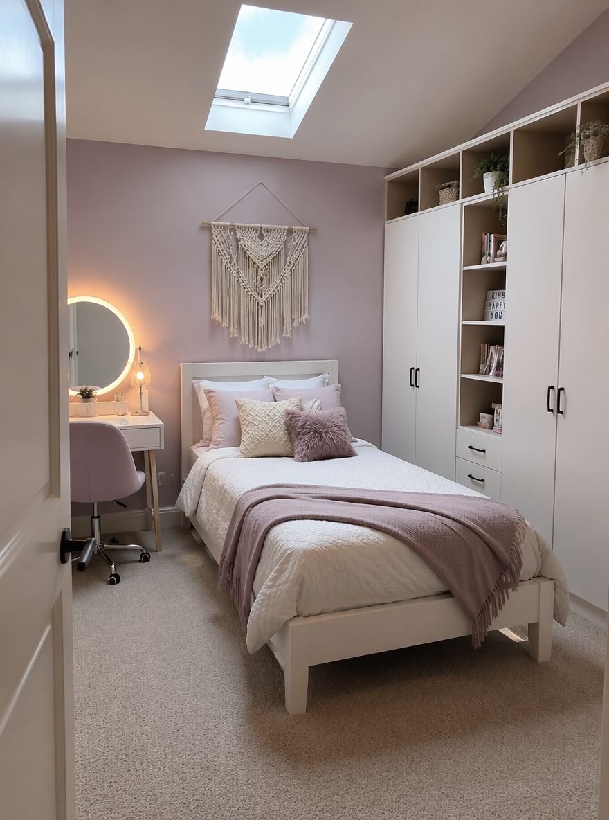 Pale lavender walls with backlit vanity mirror