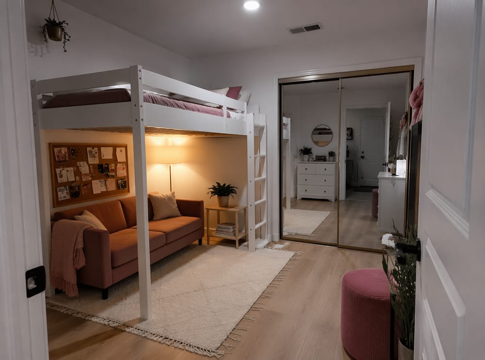 Lofted bed with mauve reading nook beneath