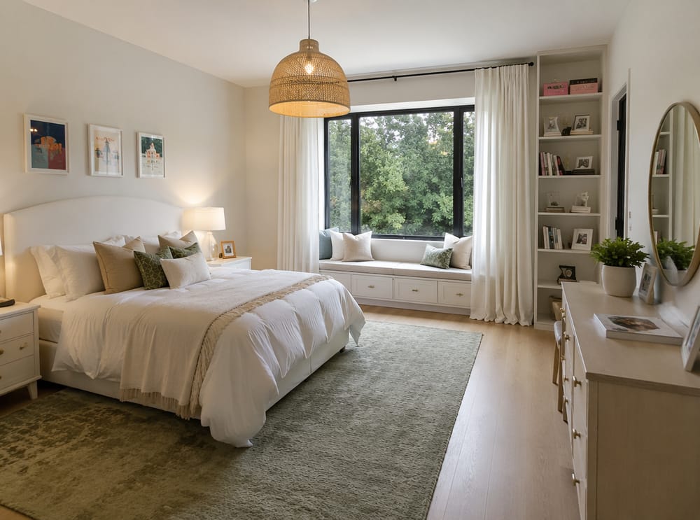 Floor-length curtains framing large back wall window