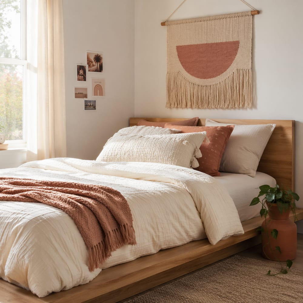 Layered pillow styling on natural wood platform bed