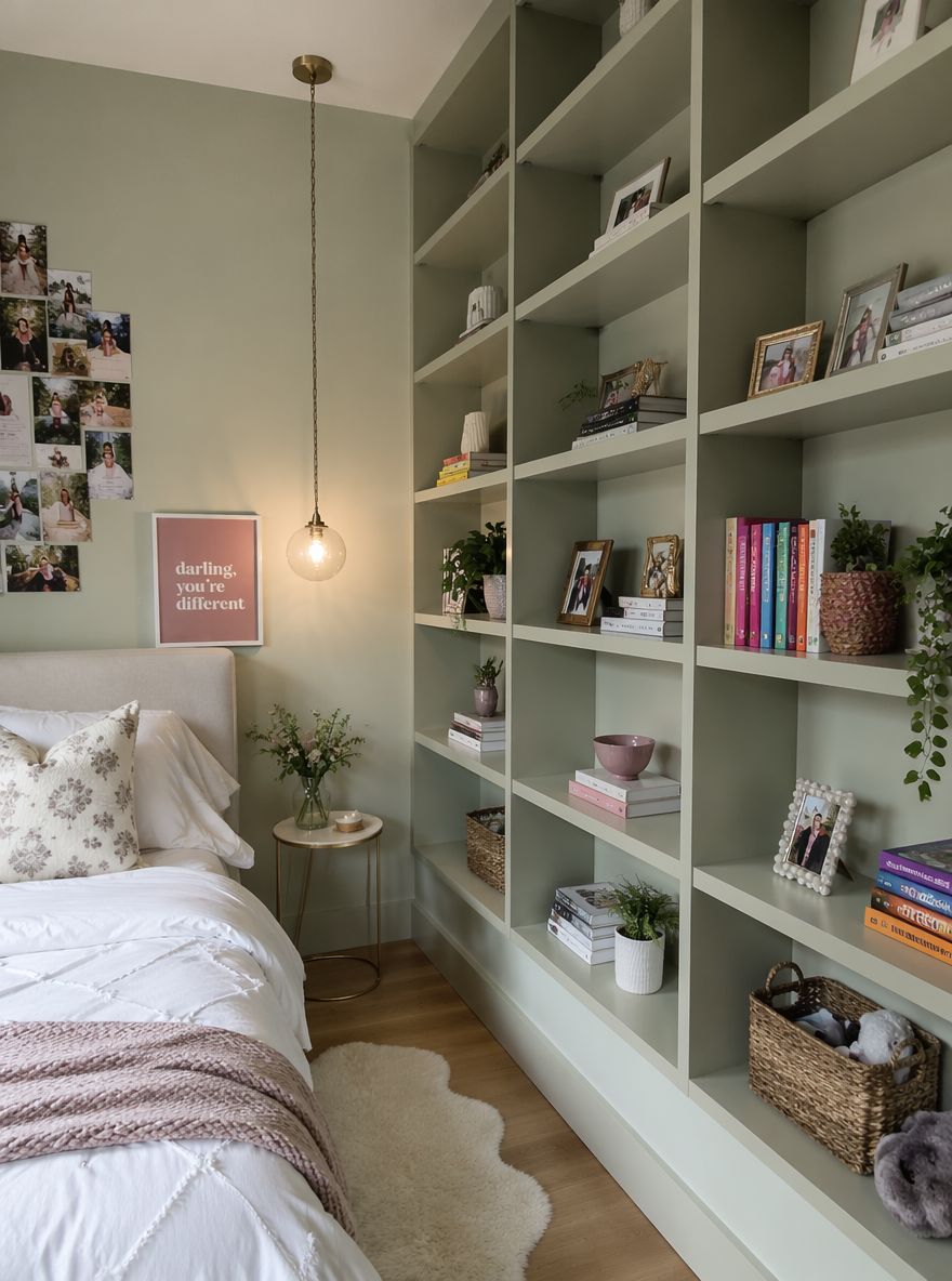 Floor-to-ceiling built-ins painted in pale sage