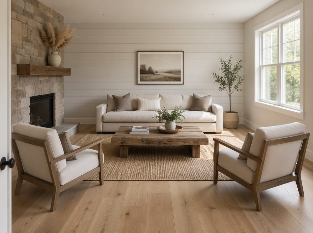 Pared de shiplap que enmarca un sofá de líneas simples