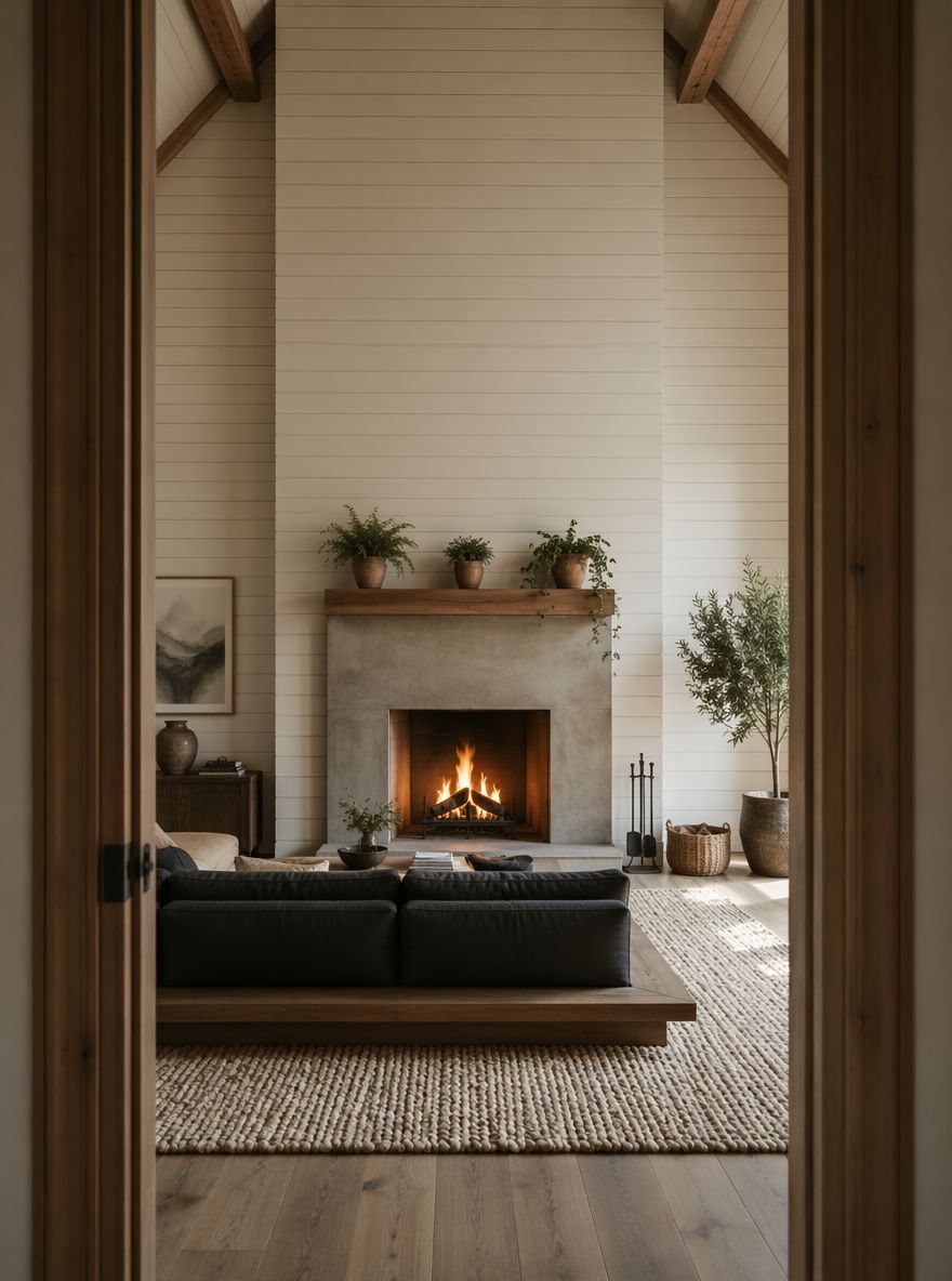 Chimenea de concreto decorada con detalles de terracota