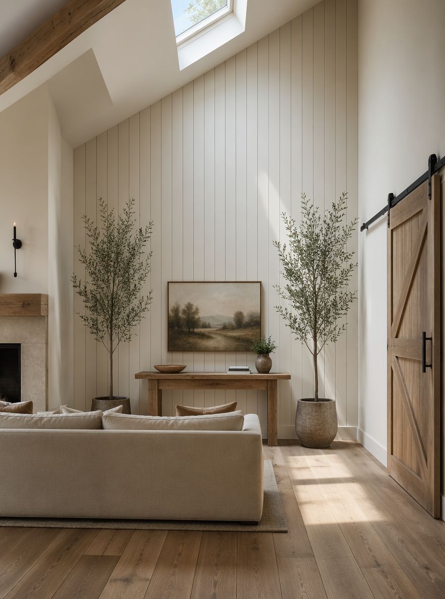 Shiplap vertical y olivos altos junto a una consola