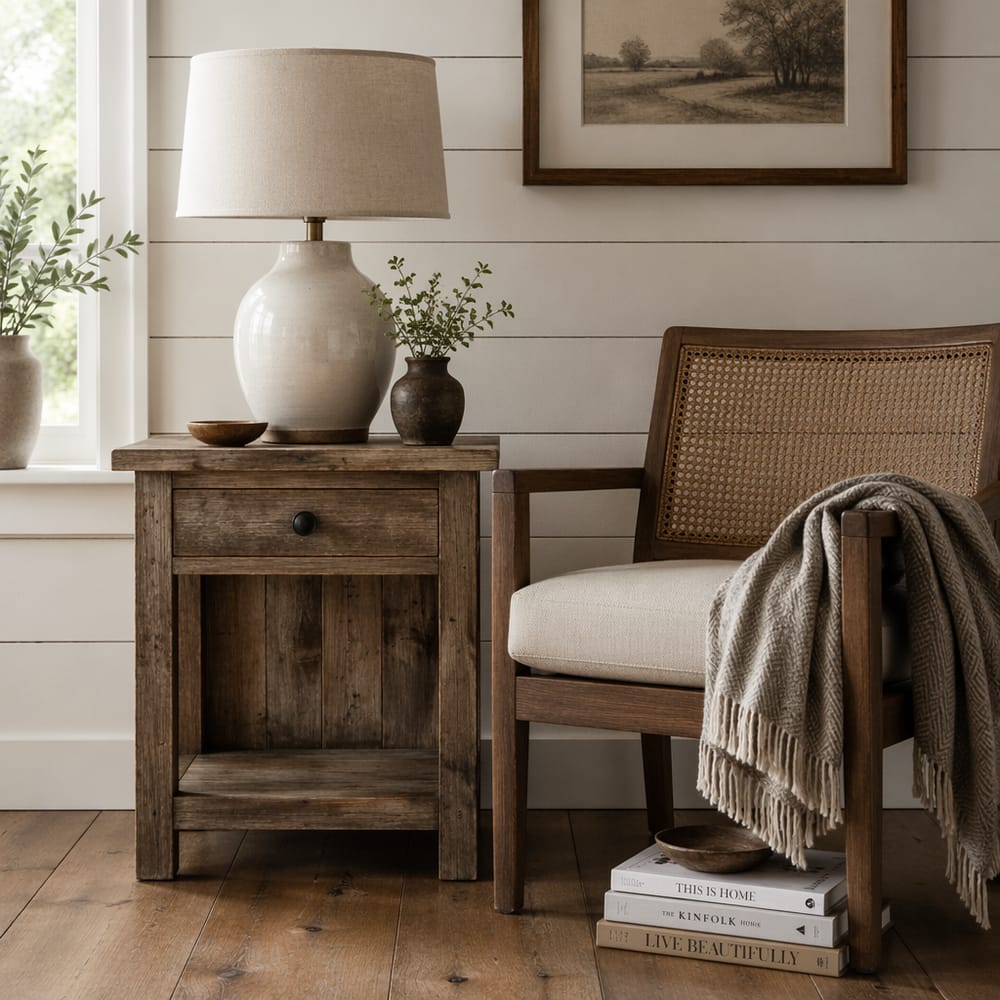 Sillón de rejilla junto a una esquina de shiplap decorada