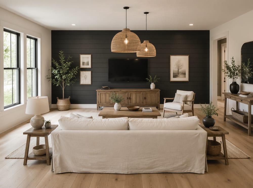 Shiplap color carbón contrastando con sofá crema enfundado