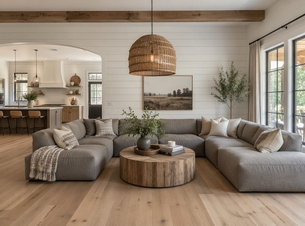 Distribución de sofá en U en espacio abierto estilo farmhouse