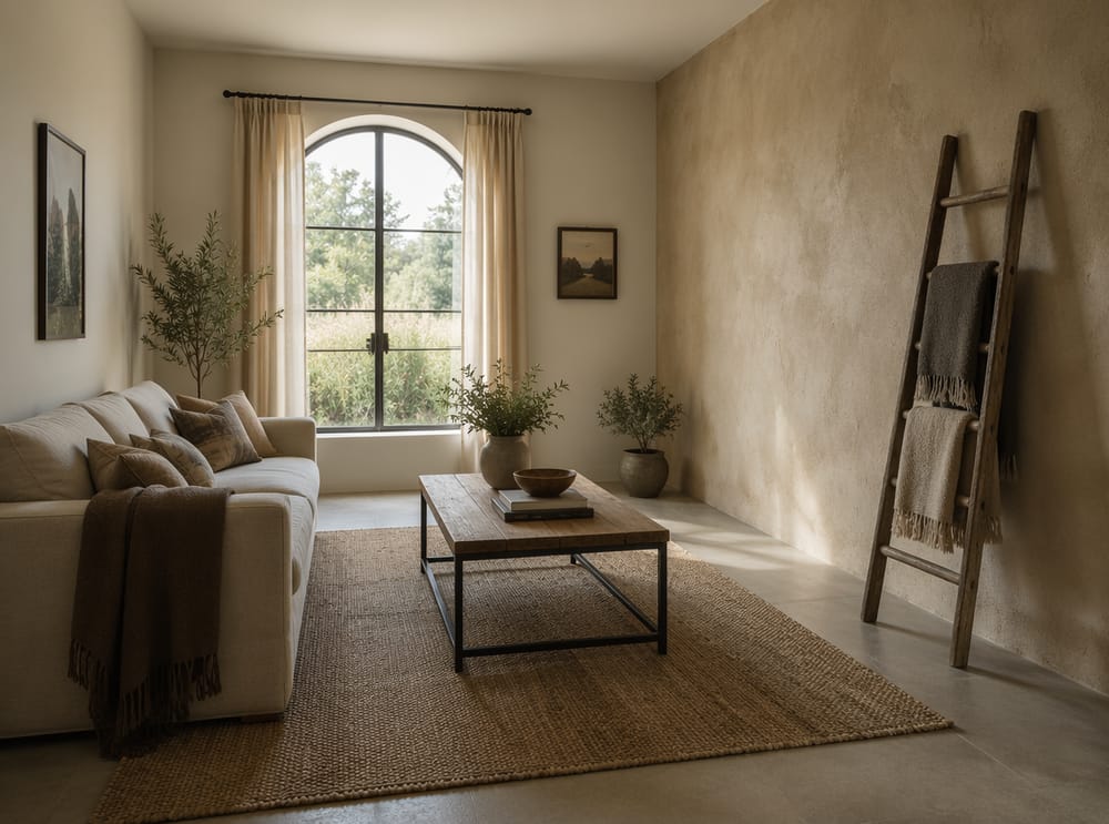 Pared de yeso natural con escalera para mantas