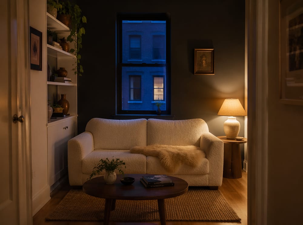 Bouclé loveseat przy grafitowej ścianie, bursztynowe światło lampy