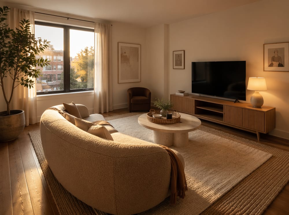 Zaokrąglona sofa bouclé naprzeciw niskiej szafki RTV, kącik z rośliną
