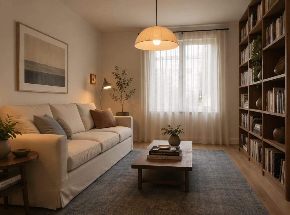 Lniana sofa w kolorze kości słoniowej obok regału do sufitu