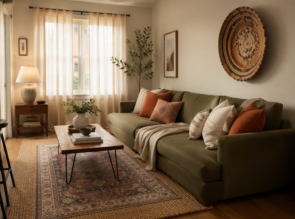 Oliwkowa sofa ze stolikiem na nóżkach i plecionym koszem na ścianie
