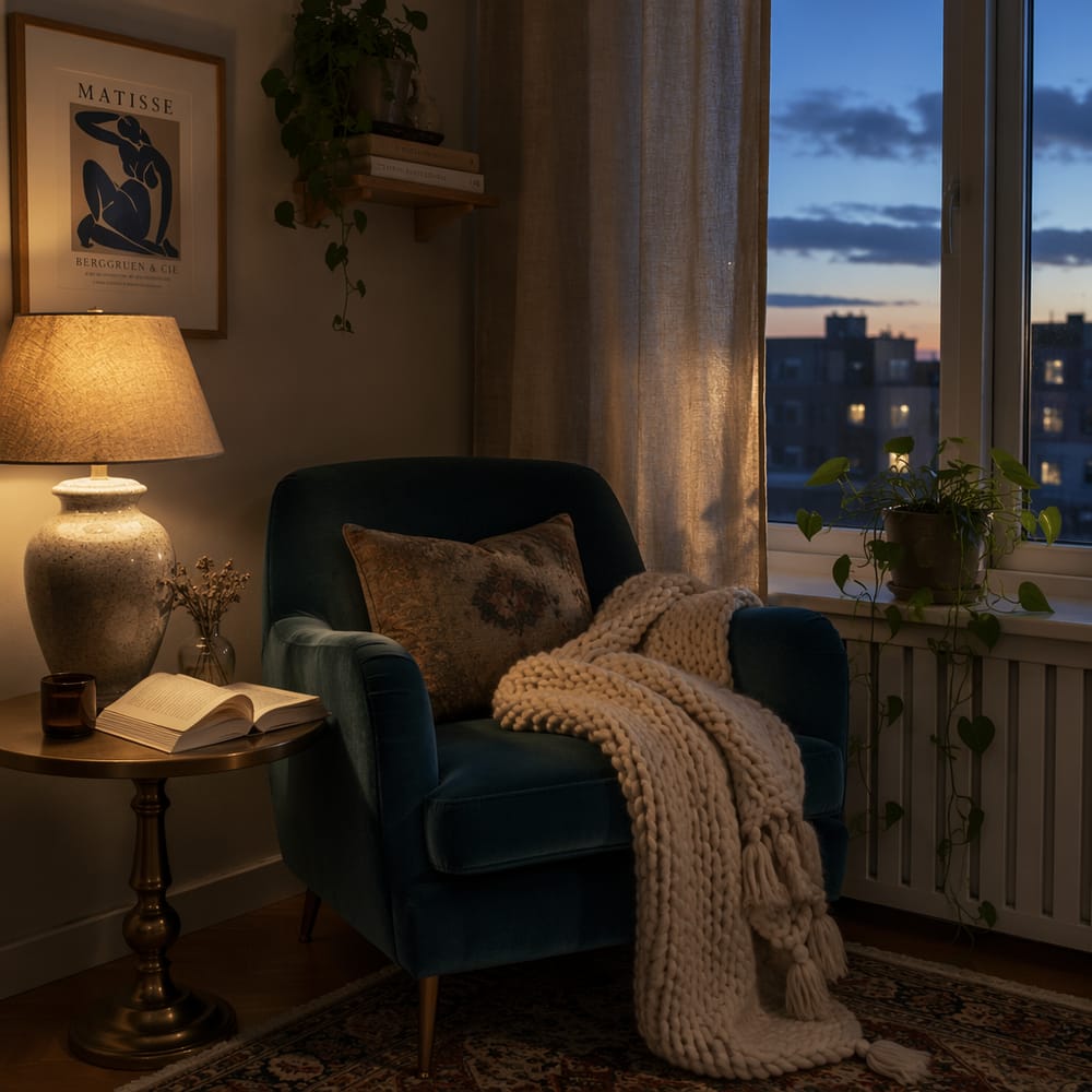 Turkusowy fotel z mosiężnym stolikiem o zmierzchu