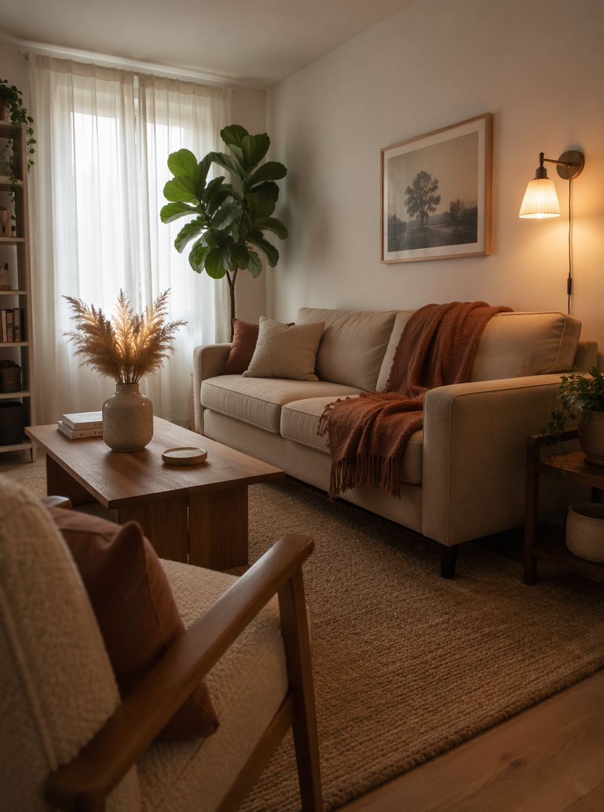 Piaskowa sofa z wazonem z trawą pampasową i figowcem