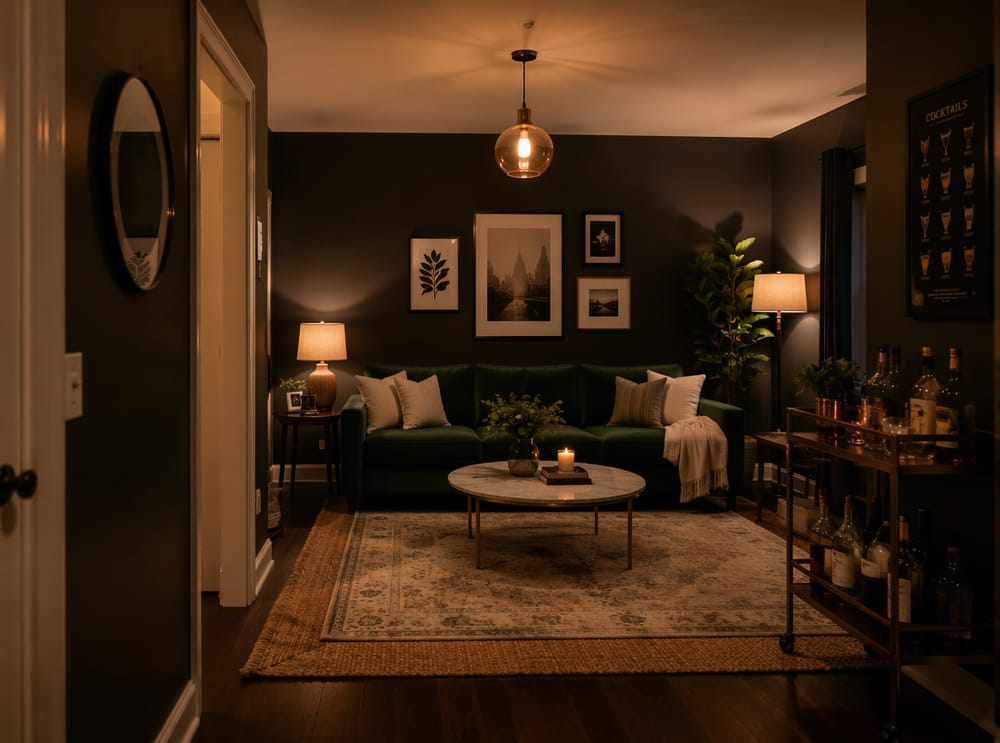 Butelkowozielona sofa oświetlona wielowarstwowymi lampami wieczorem