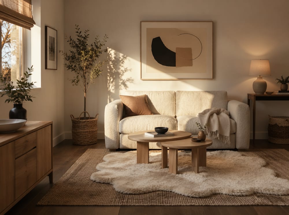 Kremowa sofa bouclé pod dużym abstrakcyjnym obrazem