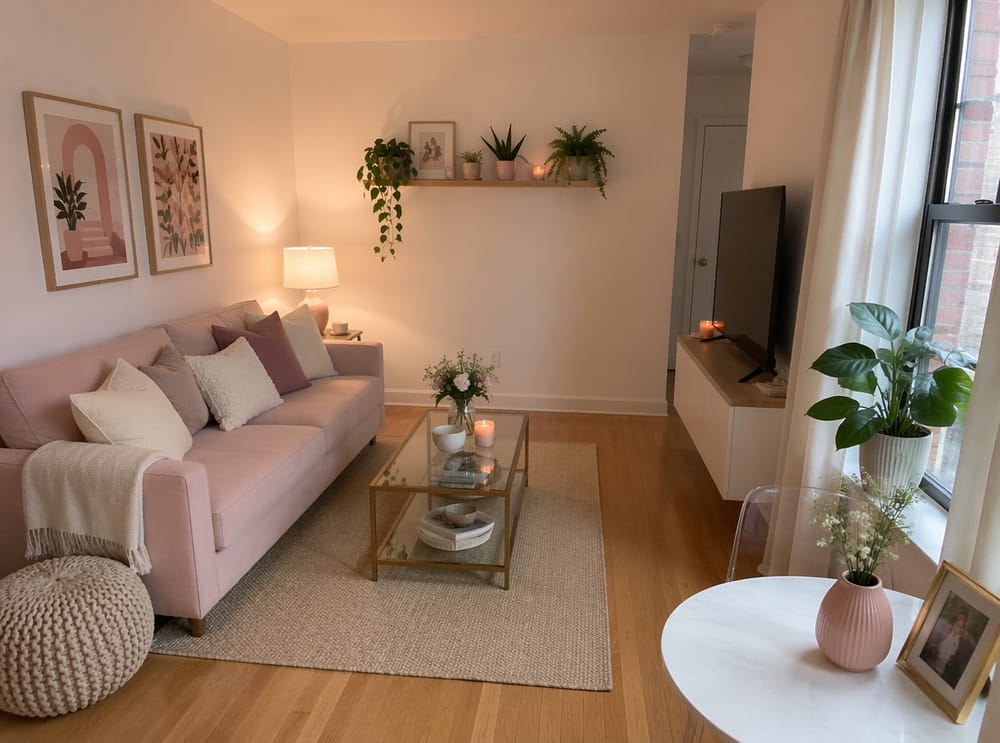 Różowa sofa z dzierganym pufem i wiszącą półką na rośliny