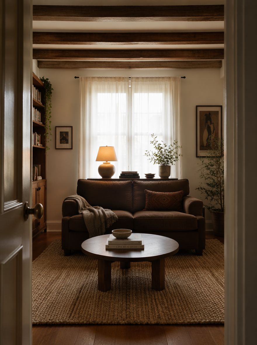 Czekoladowy loveseat na tle rozproszonego światła okna