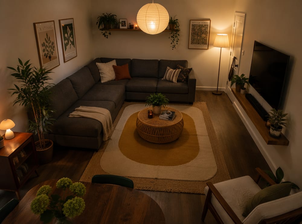 Modułowa sofa w odcieniu łupka w rogu, pośrodku rattanowy stolik