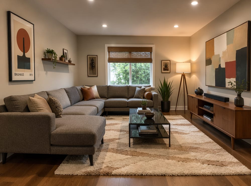 Grey sectional wrapping two walls, smoked-glass table