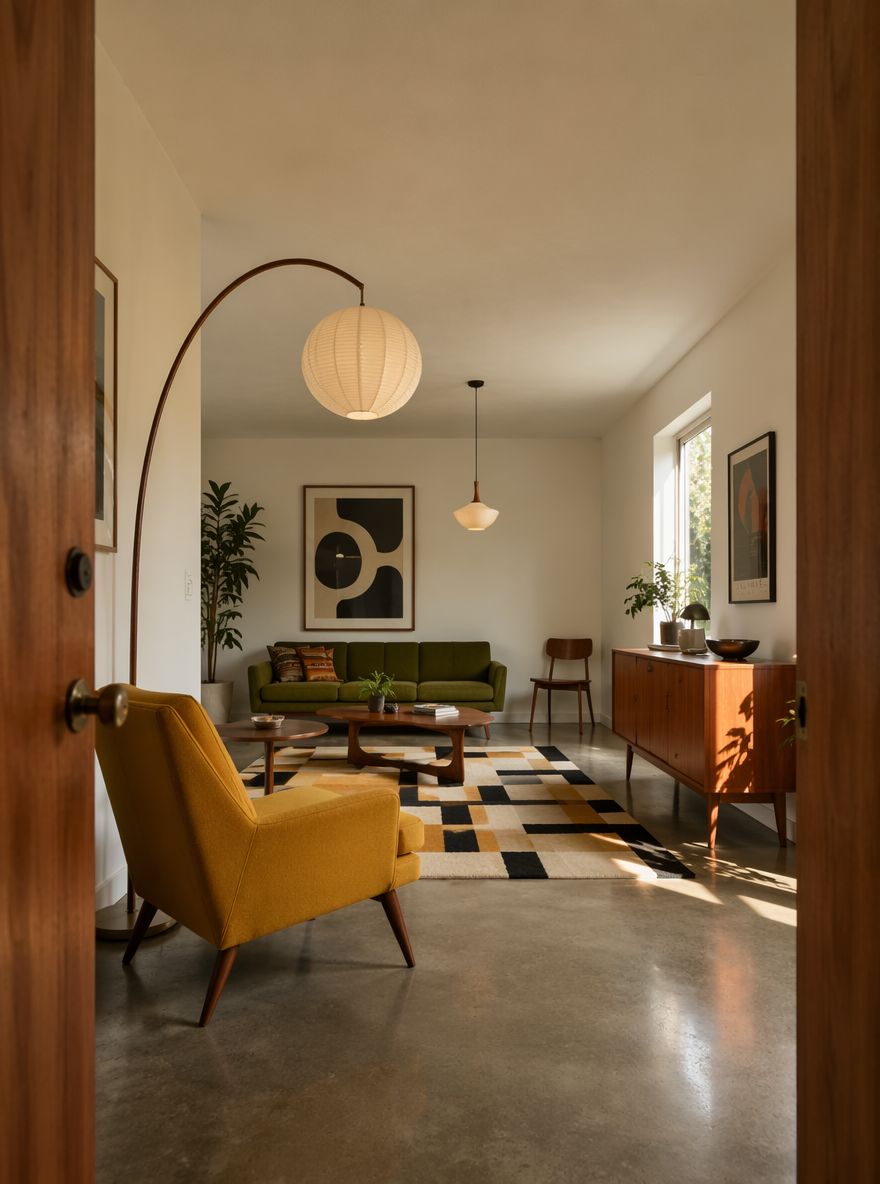 Arc lamp rising above mustard armchair, doorway view
